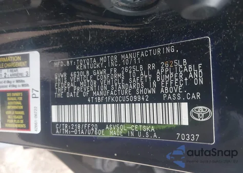 2012 Toyota Camry Se z USA, uszkodzony, nr VIN 4T1BF1FK0CU509942